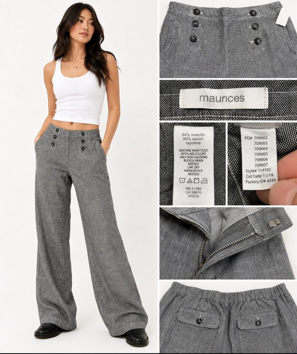 NWT Nautical Maurices Women's Wide Leg Sailor Pants Size XS Gray Linen Career